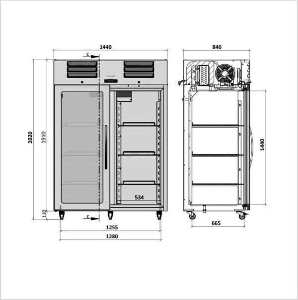 FORS Gastronomie-Kühlschrank, doppelte Glastür, Edelstahl, GN 2/1 (DGCV1400GES) – Bild 2