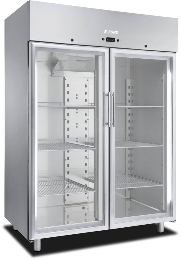 FORS Gastronomie-Kühlschrank, doppelte Glastür, Edelstahl, GN 2/1 (DGCV1401GESSL)