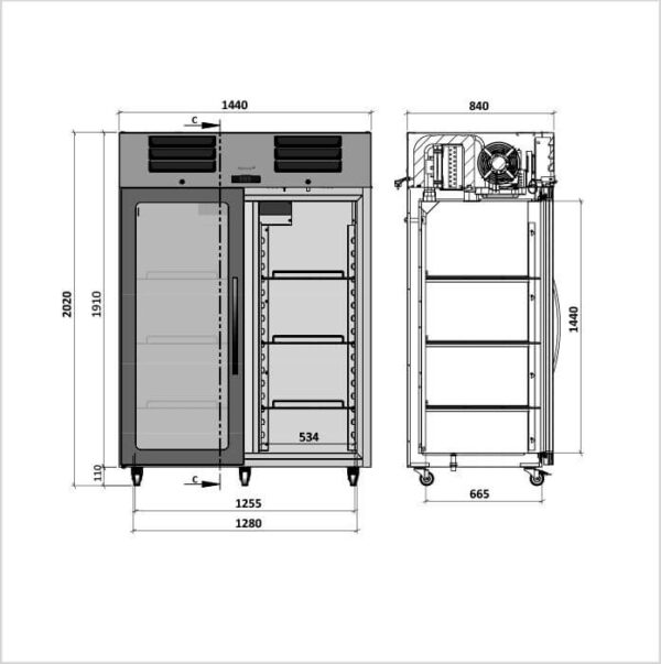FORS Gastronomie-Gefrierschrank, doppelte Glastür, Edelstahl, GN 2/1 (DGFV1400GES) – Bild 2